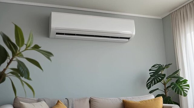 Living room interior with air conditioner. Adjusting comfort temperature in home at hot summ.
