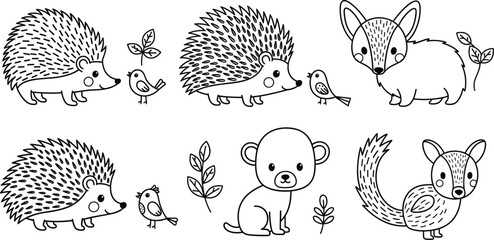 Cute Woodland Animal Coloring Page Set Featuring Hedgehog Fox Squirrel Bird and Bear Character Line Art for Kids Activities © Nurjjaman