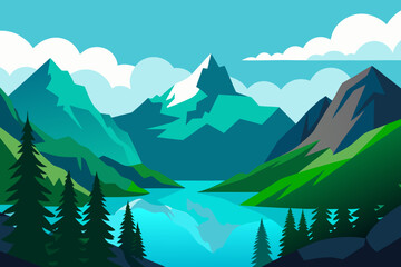 Serene mountain lake scene with pine trees and snow capped peaks