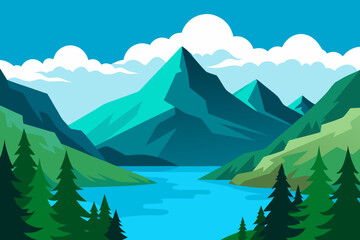 Fototapeta premium Serene mountain lake scene with pine trees and majestic peaks