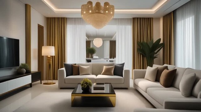 Salon moderne d'un appartement ou villa haut de gamme, lumineux et cossu