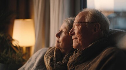 Fototapeta premium Elderly couple sitting on a couch, facing each other and looking out the window. the man is on the right side of the image, with his head resting on the woman's shoulder.