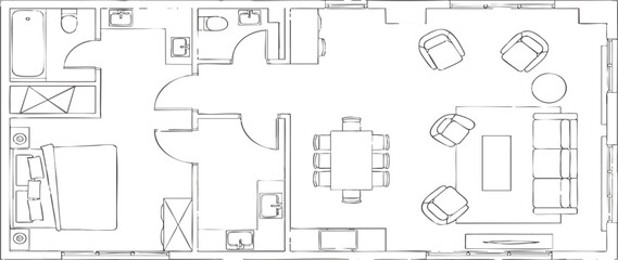 Obraz premium Hand Drawn Architectural Floor Plan for a Modern One Bedroom Apartment Featuring Open Concept Living Dining Area Kitchen Layout and Full Bathroom in Minimalist Sketch Style