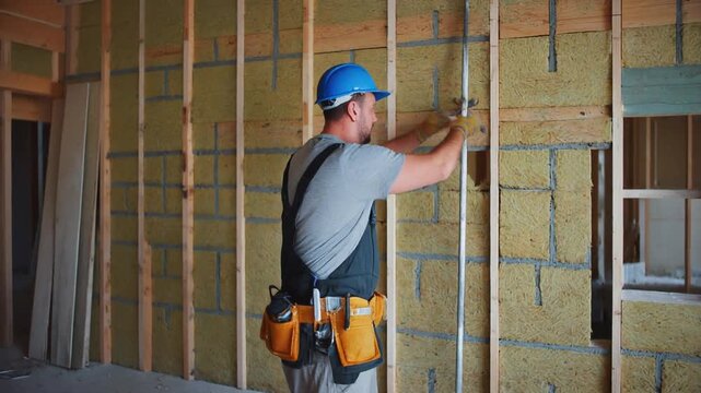 Construction worker installing house wall insulation in new home.