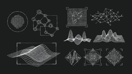 Set of Scientific Data Visualization Sketches Featuring White Line Art HUD Elements Topographic Wireframe Grids and Abstract Mathematical Signal Waveforms on a Dark Background © rofikgraph24
