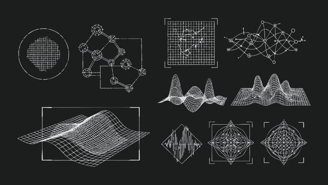 Set of Scientific Data Visualization Sketches Featuring White Line Art HUD Elements Topographic Wireframe Grids and Abstract Mathematical Signal Waveforms on a Dark Background
