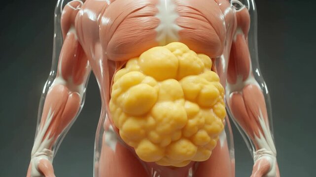 3D anatomical full-body render of human figure muscles fibrous clear striated tendons showing thick fat yellow porous sponge-like glossy uneven concentrated on stomach gut