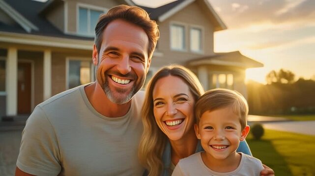 Happy family smiling outside their new home at sunset.