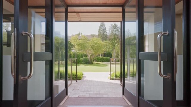 Aesthetic home entrance with large glass sliding doors with lots of copy space 