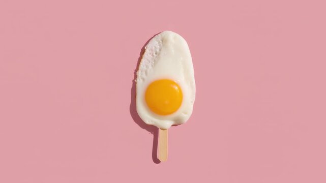 Fried egg styled as an ice cream on a wooden stick. A humorous and surreal food concept 