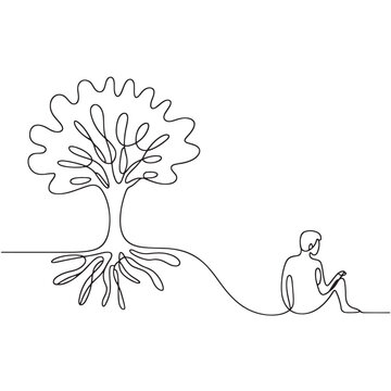 Single line sketch of man sitting under tree
