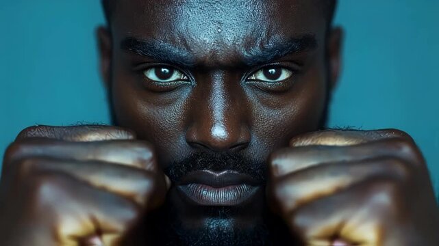 Intense close-up of a determined man with clenched fists, showcasing strength and focus against a blue background