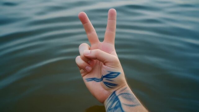 Hand with Wave Tattoo Emerging from Water, Peace Sign