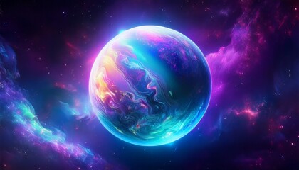 Fototapeta premium mystical glowing opal planet floating in deep space surrounded by cosmic dust and nebula clouds with iridescent blue and purple cinematic lighting
