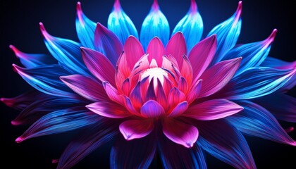 Fototapeta premium synthetic flower opening with a hot pink neon core and deep blue petals creating a bold sci fi botanical concept