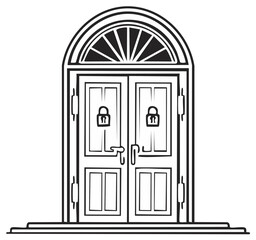 Fototapeta premium Black and white illustration of double door with lock detail