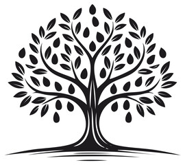 Obraz premium Stylized Tree Silhouette with Fruits and Foliage in Black and White Vector Design