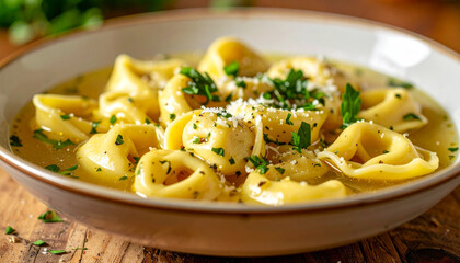Bowl with fresh tortellini in savory broth, garnished with finely chopped herbs and sprinkle of Parmesan