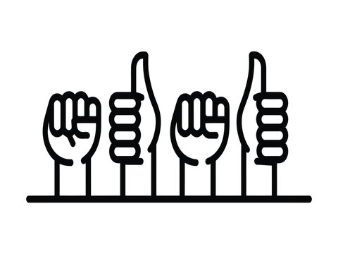 A graphic illustration of four hands with thumbs up and fists in a row on a white background
