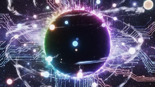 This image depicts a cosmic scene, featuring a large black circle surrounded by vibrant circuits. The circuits and colors illustrate a blend of technology and space.