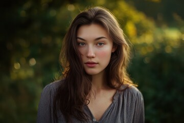 Fototapeta premium Young woman gazing forward, lush garden setting, soft natural light, serene summer mood