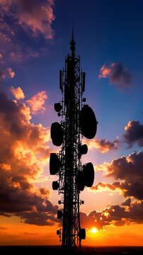 Telecommunication tower silhouette at sunset. Vertical antennas capture signals in vibrant sky. Wireless technology supports communication infrastructure.