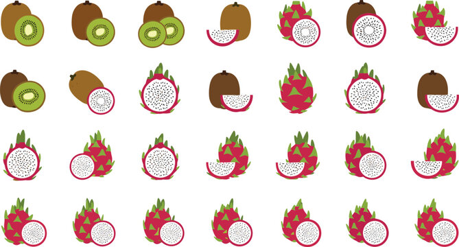 Vibrant collection of kiwi and dragon fruit illustrations