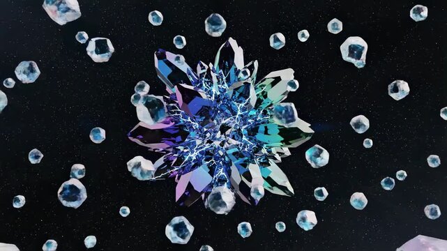 Abstract glowing crystal cluster exploding with energy in deep space with scattered fragments
