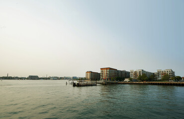 New waterfront condos and apartments in East Boston overlooking Boston Harbor with Charlestown in the distance