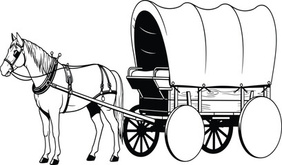 Vintage horse drawn covered wagon silhouette for American frontier history, pioneer western transportation vector, cad drawing flat vector illustration, colonial carriage, old © Shree
