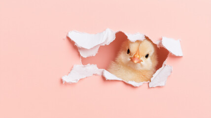 Close-up of a tiny, fluffy yellow chick peeking through a torn hole in soft pink paper. Adorable Easter animal portrait, creative spring holiday concept, and minimalist greeting card background.