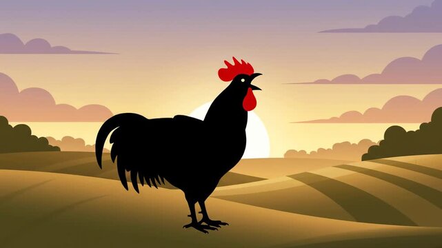 Silhouette of a black rooster crowing at sunrise over rolling hills and fields