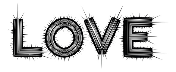 Line art illustration of the word LOVE depicting thorny and stylized typography for emotional and abstract concepts
