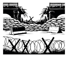 Line art war and security elements set featuring sandbags, barbed wire, and concrete barriers for military and conflict themes