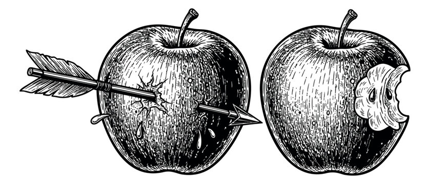 Hand drawn line art apple set featuring a pierced apple with an arrow and a bitten apple for conceptual design