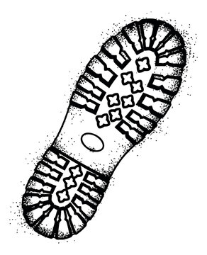 Hand drawn line art grunge illustration of a boot print depicting a dirty tread mark for outdoor and adventure themes
