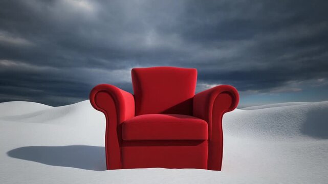 Red armchair emerges in a snowy landscape under a dramatic sky