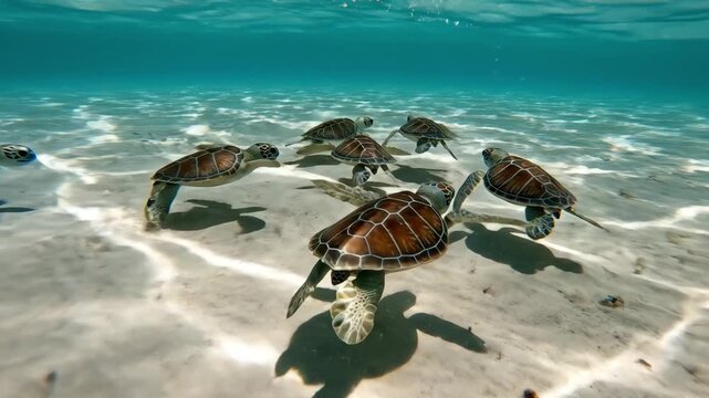 Baby sea turtles swimming in clear shallow ocean water with sandy bottom.