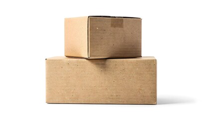 Photorealistic stack of plain cardboard boxes isolated on clean white background, soft studio lighting, realistic paper texture, subtle shadow, minimal composition, high resolution, no brand logos, no