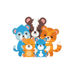 Fototapeta premium Cartoon animal group featuring a bear fox lion and two cats