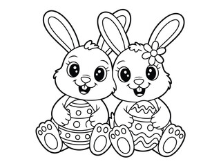 Obraz premium Two cute cartoon bunnies sitting together in Easter eggs on a white background