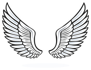 Obraz premium Symmetrical pair of feathered wings in black and white representing flight or protection, angel wings clip art