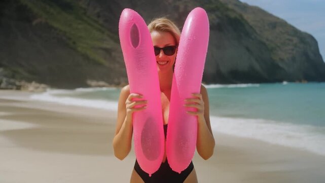 Woman in swimsuit concealing face with pink pool noodles at the beach