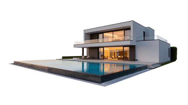 Modern minimalist house with pool reflecting sunset light, isolated on transparent background, luxury living