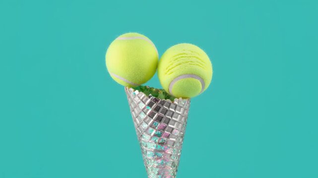 Minimalist concept of two tennis balls styled like scoops of ice cream in a glittery waffle .