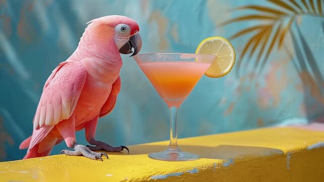 A pink parrot perched on a vibrant yellow ledge sipping from a martini glass filled with