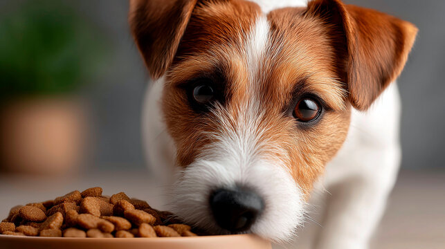 Jack russell terrier dog eating dry kibble from bowl closeup