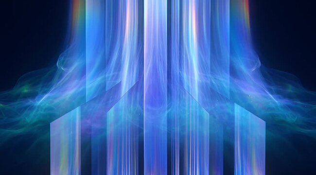 Psychedelic iridescent holographic light beams rising through digital fractal structures abstract futuristic energy background