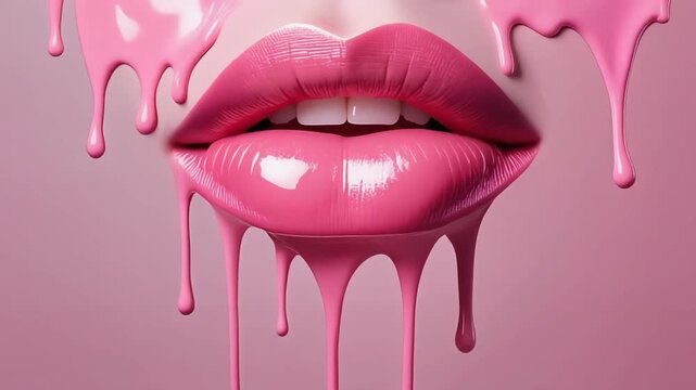 A high-definition beauty shot featuring glossy pink lips dripping with liquid,