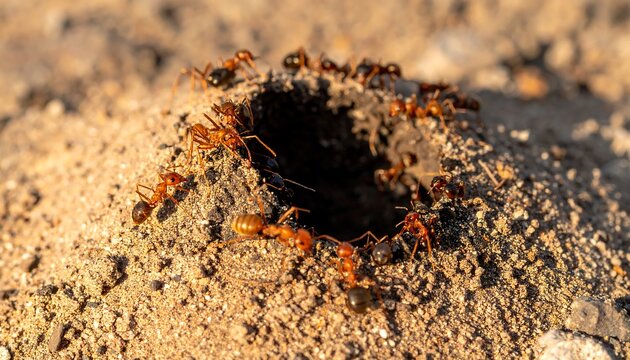 Macro shot capturing red ants around a dirt mound entrance. Some ants are entering and exiting a dark hole, interacting